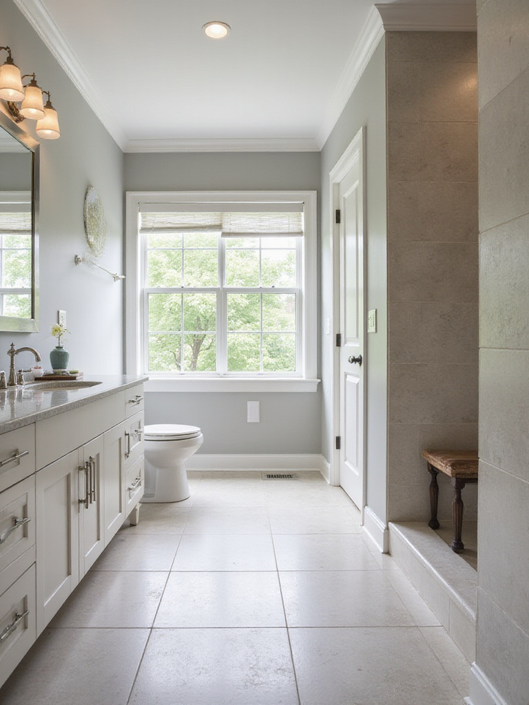 Spacious master bathroom designed for future-proofing, featuring a curbless shower, comfort-height toilet, and timeless materials, illustrating principles of universal design and longevity.