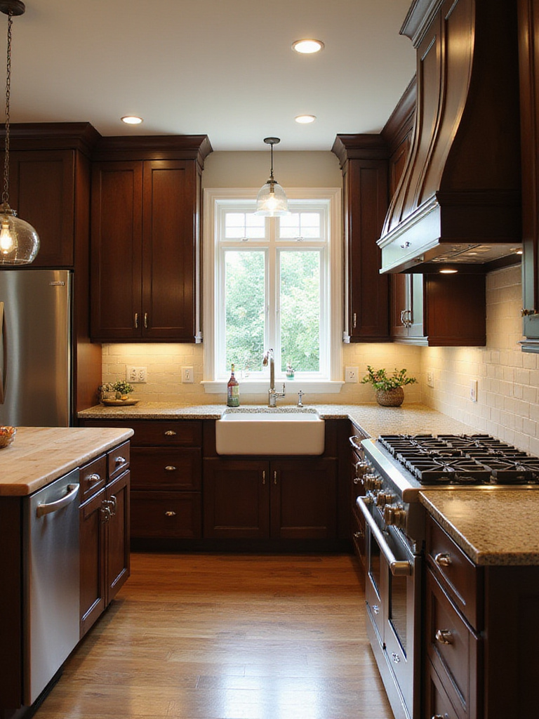 Luxurious kitchen with dark brown shaker cabinets, granite countertops, and stainless steel appliances.
