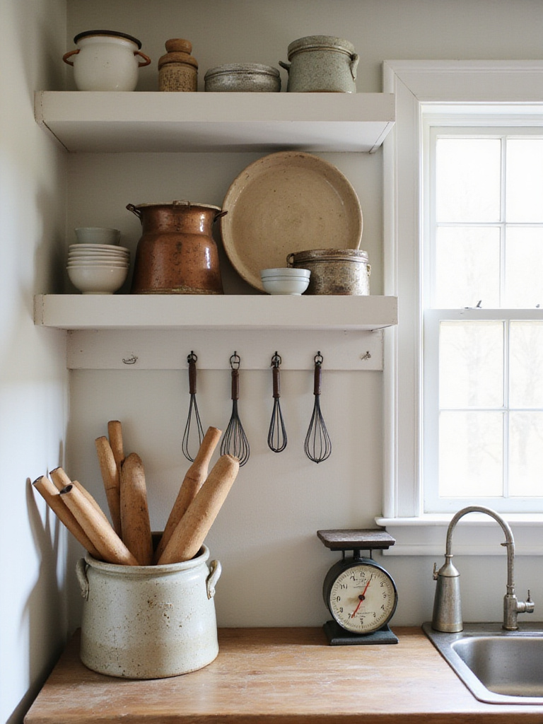 Farmhouse kitchen with antique rolling pins, copper pot, vintage scale, and other vintage kitchen tools on display.