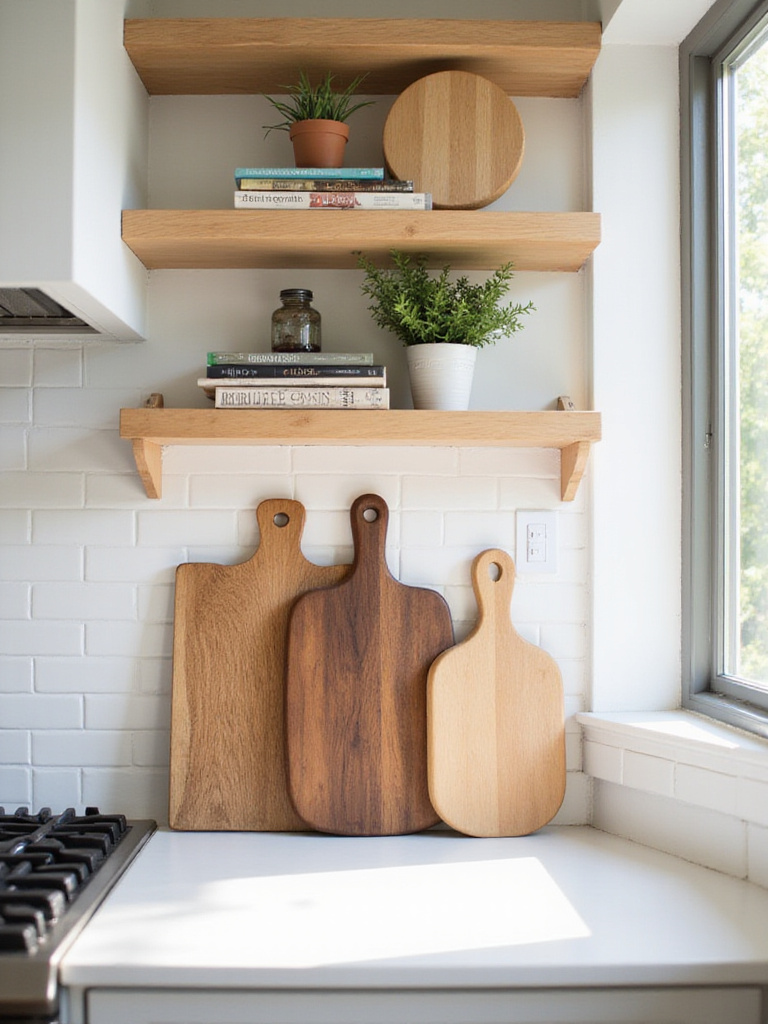 Decorative wooden cutting boards displayed on a kitchen countertop and open shelf