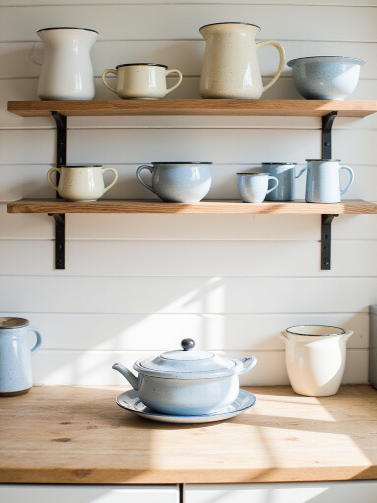 Display of vintage enamelware on a shelf in a farmhouse kitchen