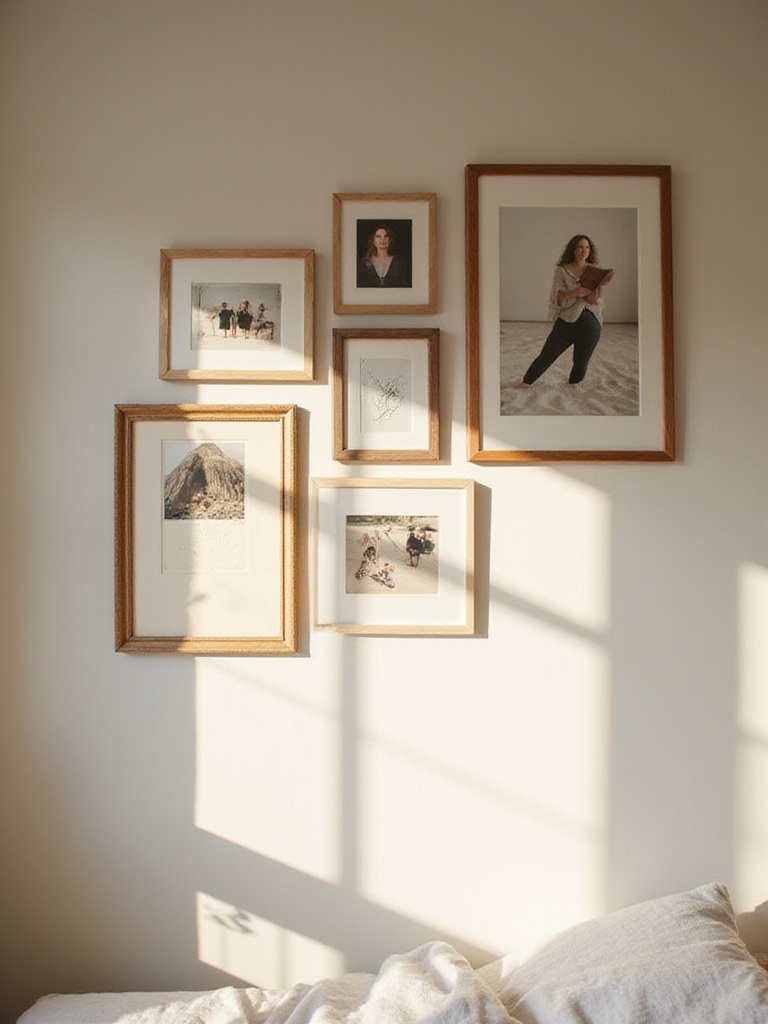 A curated gallery wall of framed personal photos and art prints displayed on a neutral bedroom wall in an apartment, illustrating non-damaging decor ideas.
