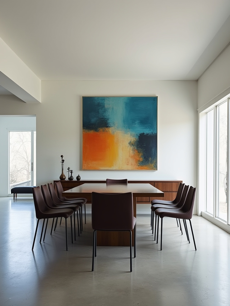 Modern dining room featuring a striking abstract painting as a focal point