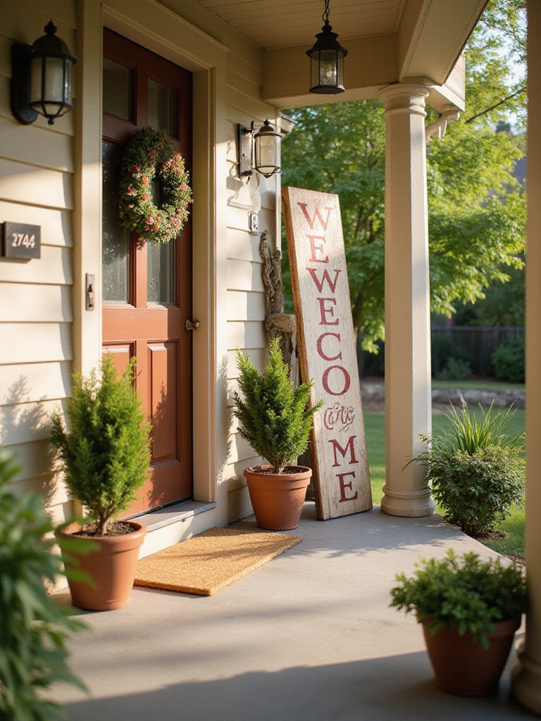 A charming front porch with a decorative wooden welcome sign leaning beside a traditional front door, surrounded by potted plants, enhancing the home's curb appeal.