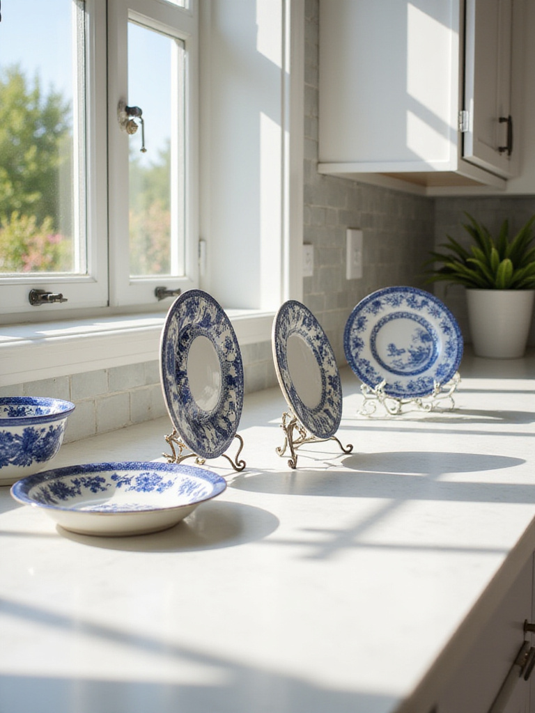 Kitchen countertop decorated with a collection of decorative plates on stands and unique decorative bowls, showcasing patterns and textures.