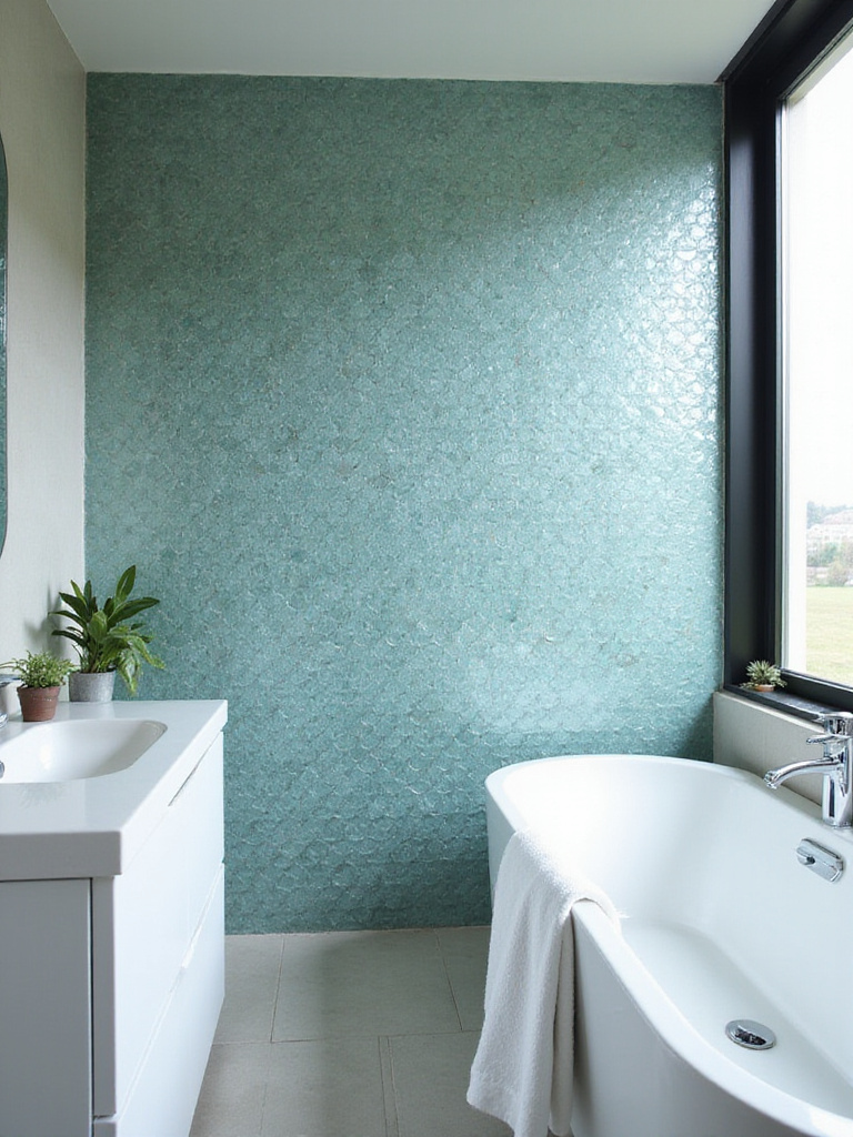Bathroom with iridescent blue-green fish scale tile wall