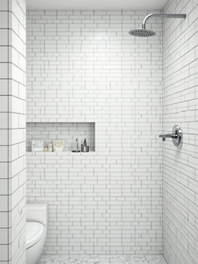 White subway tiles with dark charcoal gray grout in a modern bathroom shower.