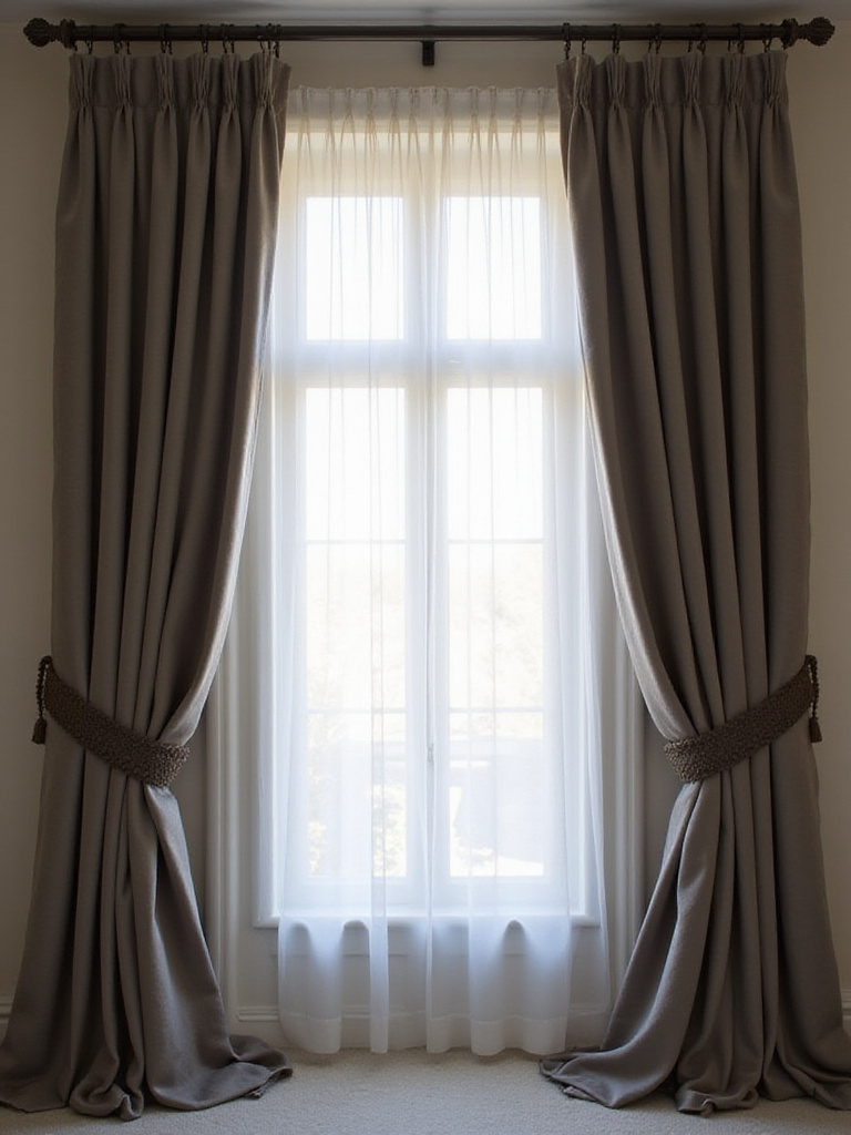 Elegant, full-height velvet curtains in a luxurious bedroom, hanging from a high rod and pooling slightly on the floor, enhancing the room's grandeur.