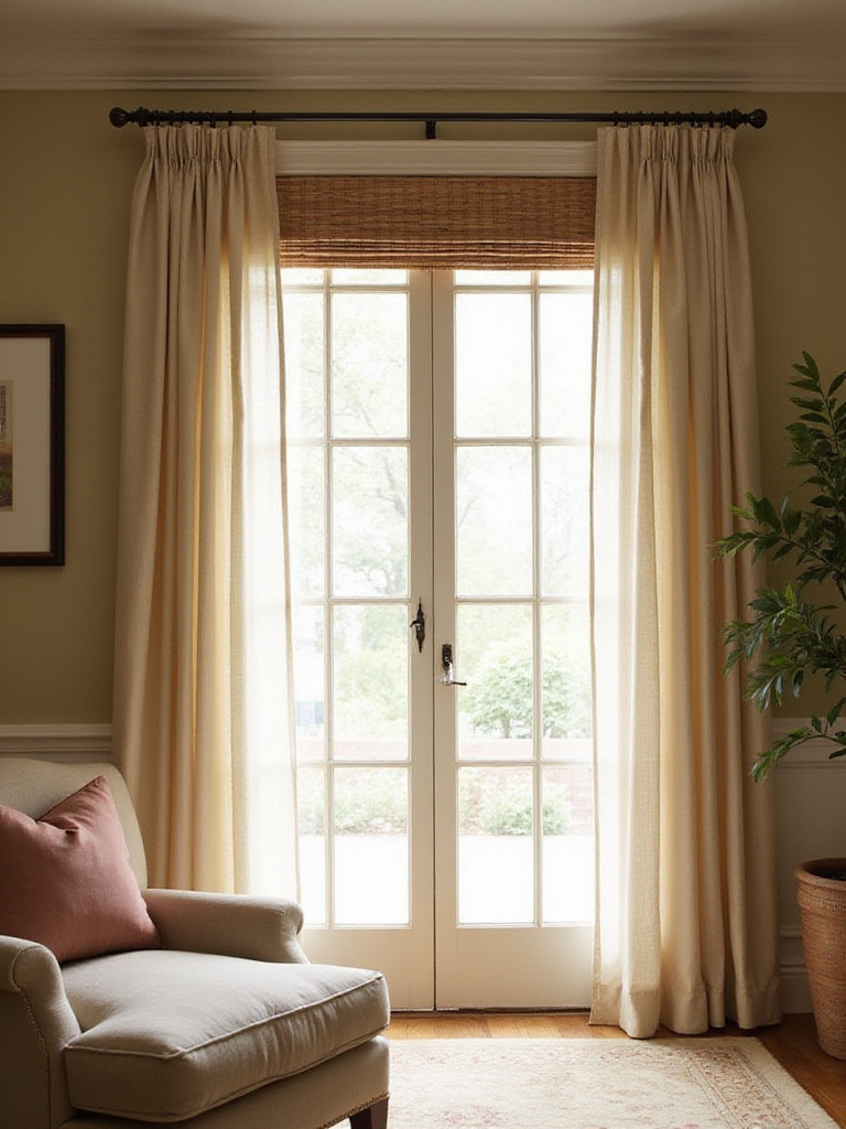 Elegant living room window with layered drapes and woven wood shades, illustrating stylish and functional window treatments.