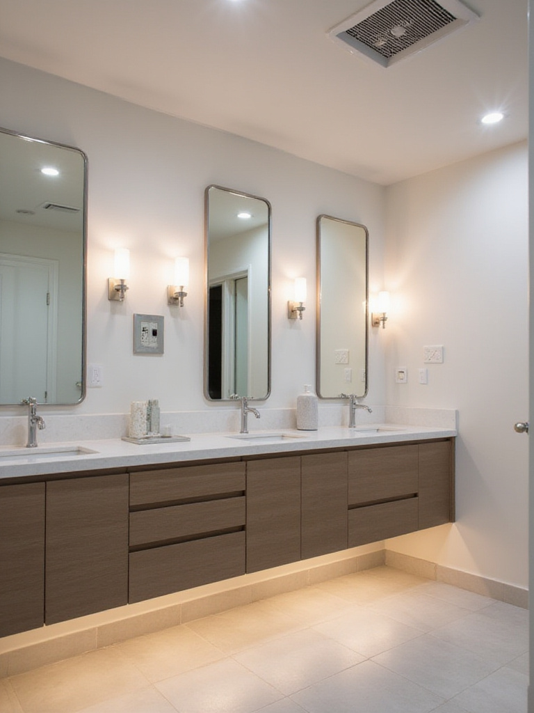 Modern master bathroom showcasing layered electrical lighting, including vanity sconces, recessed lights, and toe-kick lighting, with visible GFCI outlets near the sink.