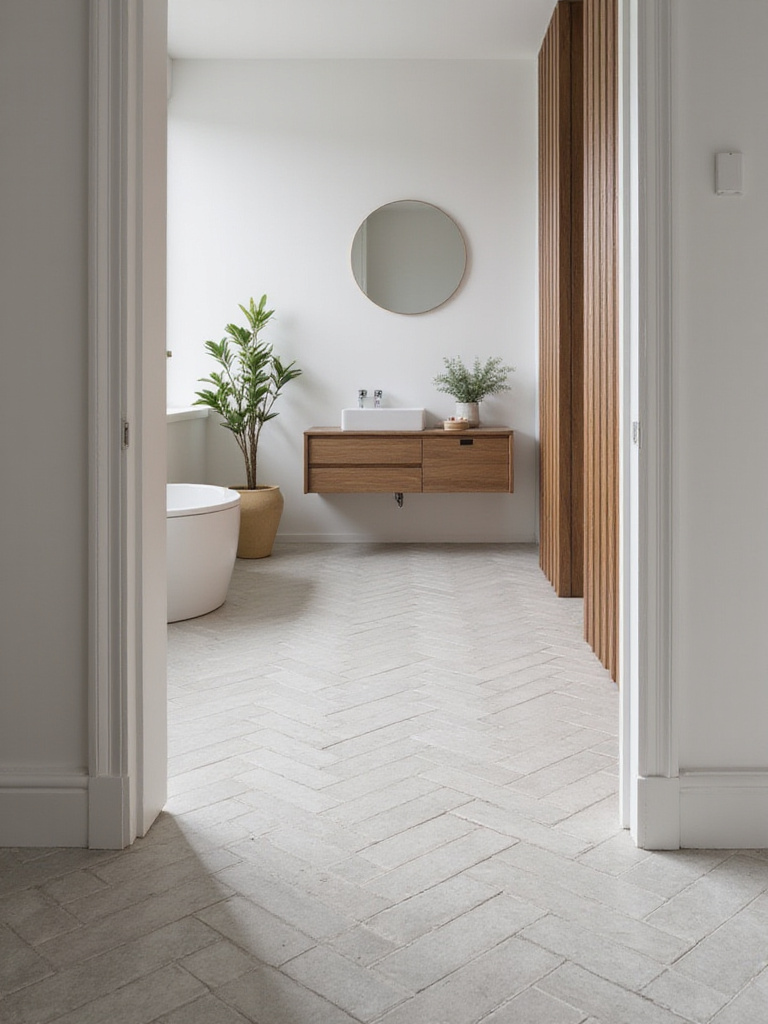 Light gray herringbone tile floor in modern bathroom with floating vanity