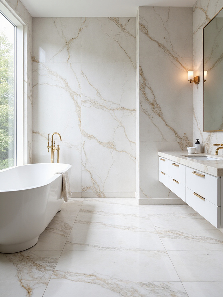 Luxurious bathroom with Calacatta marble tiles on walls and floors.