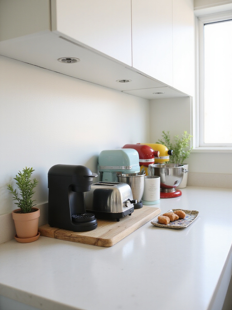 Stylish display of modern small kitchen appliances on a countertop, including a coffee maker, toaster, and stand mixer arranged on trays.