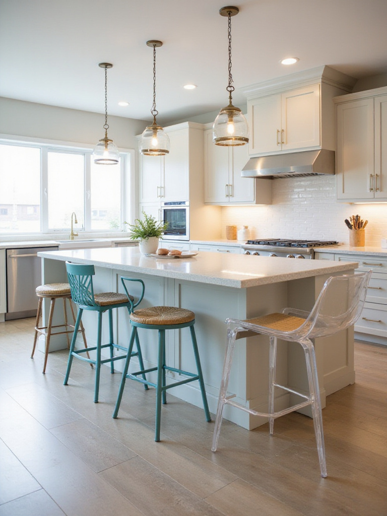 Modern kitchen with unique teal metal, woven wood, and clear acrylic bar stools at the island.