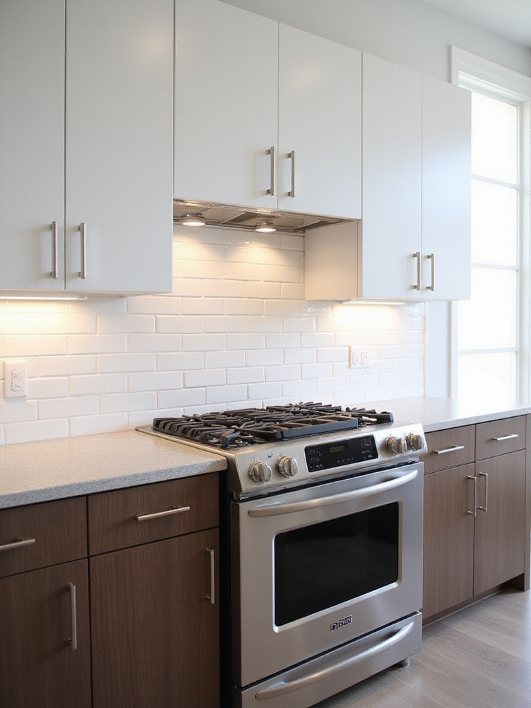 A modern kitchen featuring a white ceramic subway tile backsplash above a stainless steel range and dark wood cabinets.