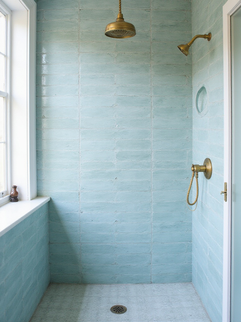 Bathroom shower with light blue Zellige tile accent wall.