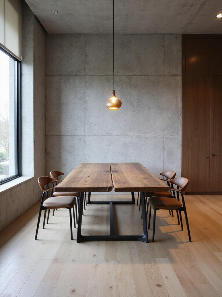 Modern dining room featuring a live-edge wood table, concrete accent wall, and minimalist lighting.