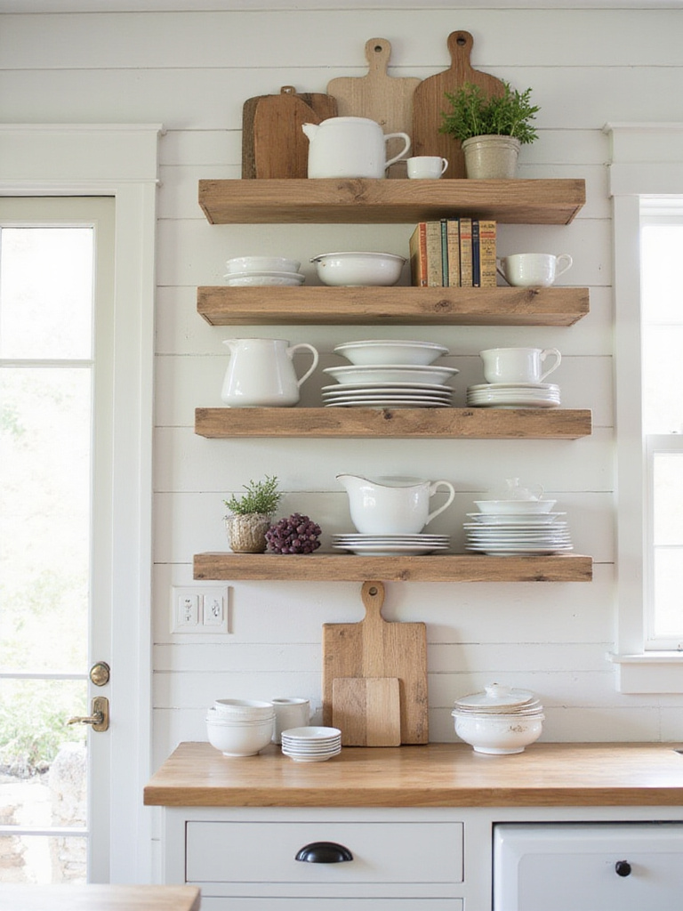 Farmhouse kitchen with open shelving displaying dishes, cookbooks, and herbs.