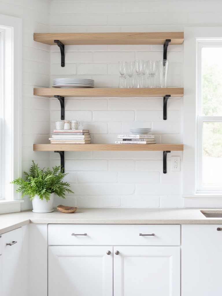 Modern kitchen with open wooden shelves displaying white dishes and glasses, creating a bright and airy feel.