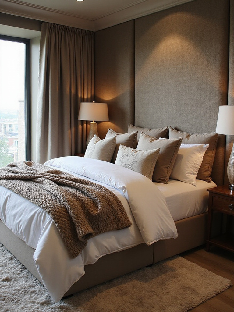 Luxurious bedroom featuring a king-sized bed with layered textures including velvet duvet, knit throw, silk pillows, and textured headboard. A deep-pile rug, polished wood nightstand, and textured lamp enhance the rich tactile design.