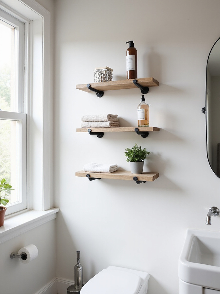 Small modern bathroom featuring white floating wall-mounted shelves providing vertical storage for towels, toiletries, and decor, effectively maximizing space.