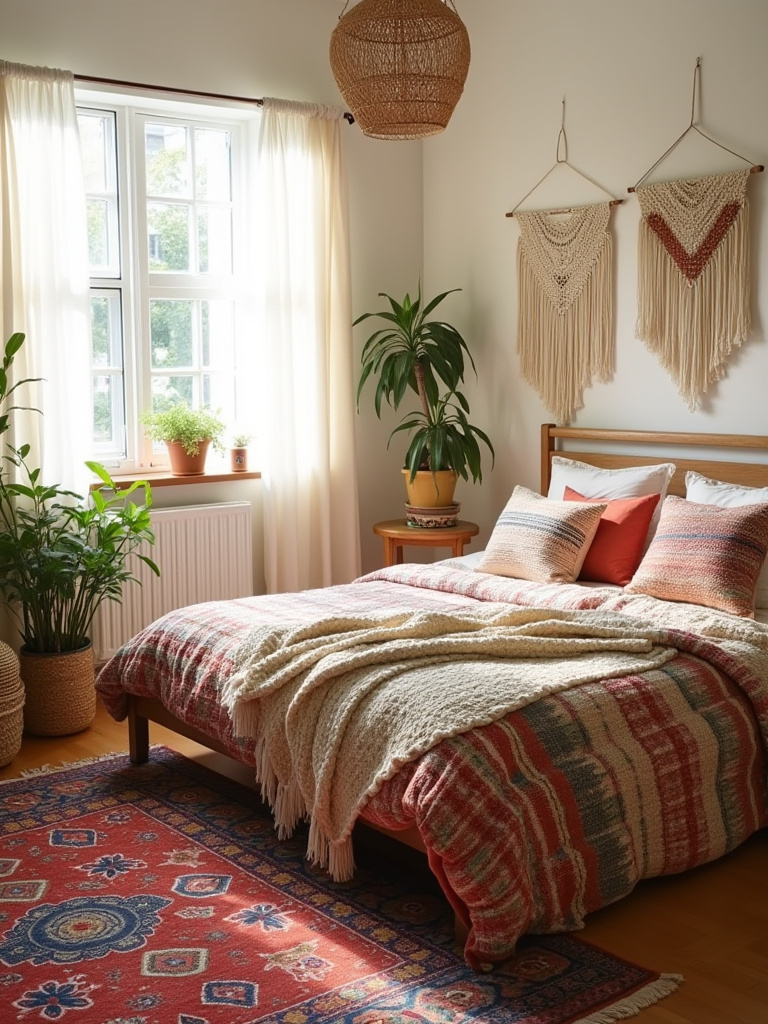 Boho bedroom featuring a mix of colorful patterns and textures on bedding, rug, and wall decor.