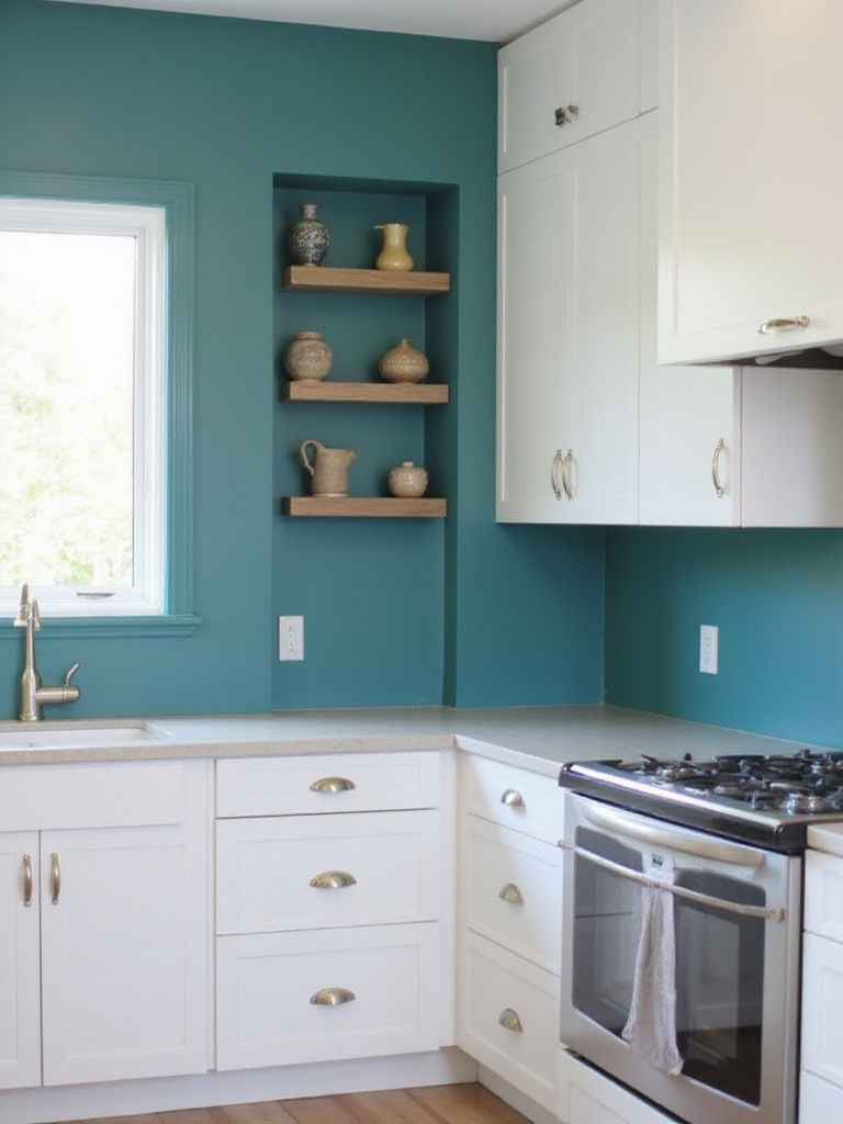 Modern kitchen with white cabinets and a bold teal accent wall.