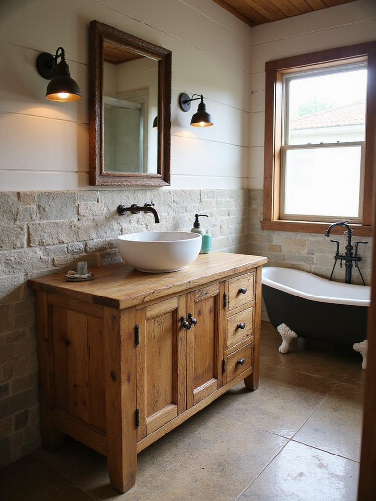 Rustic bathroom featuring a warm reclaimed wood vanity with a vessel sink and dark faucet, set against a textured wall.