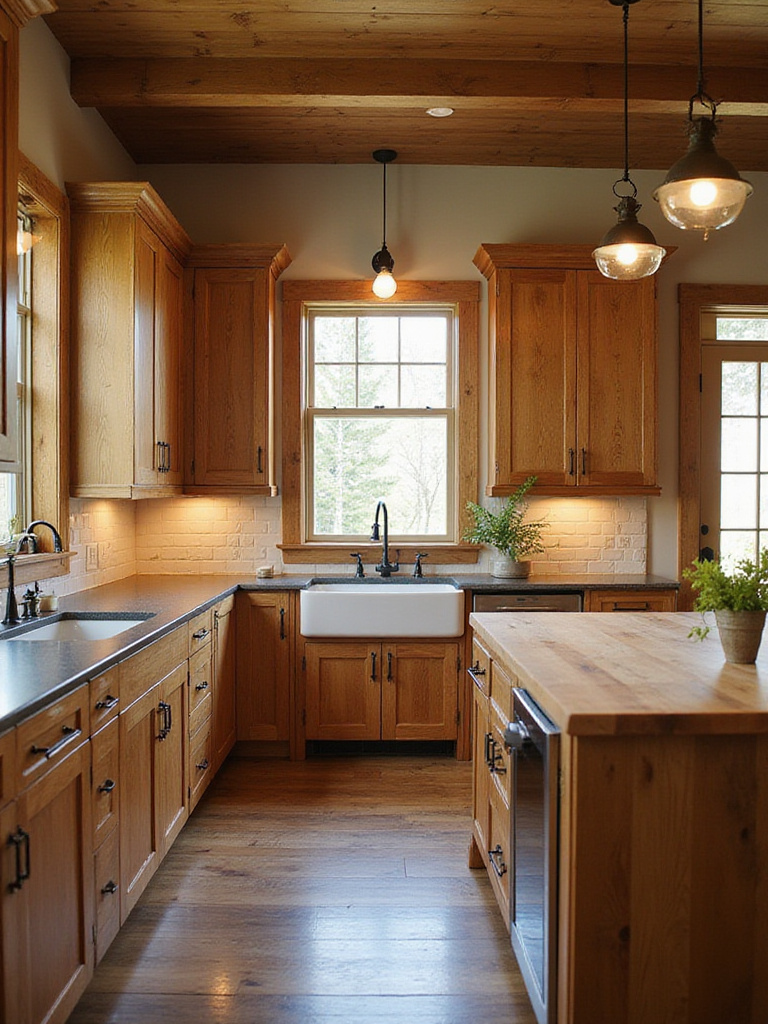 Rustic kitchen design with brown wood cabinets, farmhouse sink, and butcher block island.
