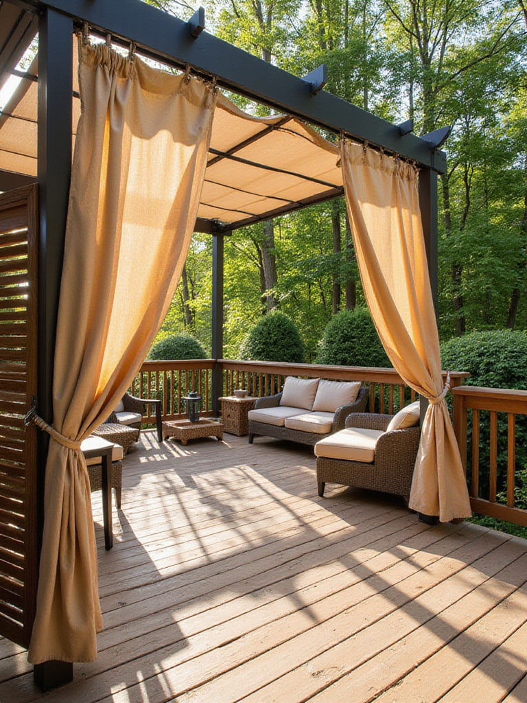 Outdoor deck with flowing beige curtains and a slatted wood screen providing enhanced privacy and shade.