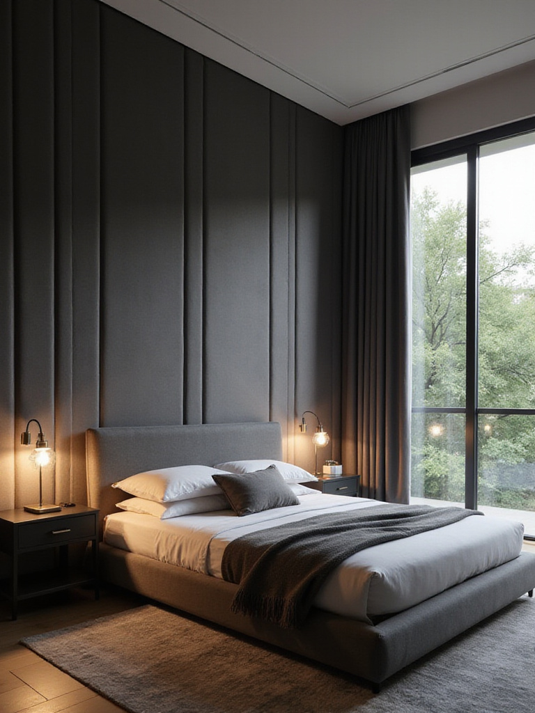 Modern luxury bedroom featuring a wall covered in deep charcoal grey velvet upholstered panels with vertical channel tufting behind the bed.
