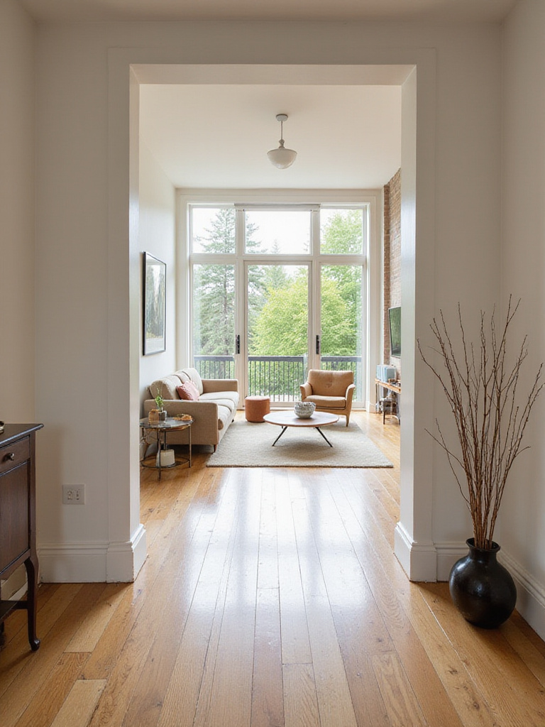 Modern living room with clear pathways, comfortable seating, and natural light.