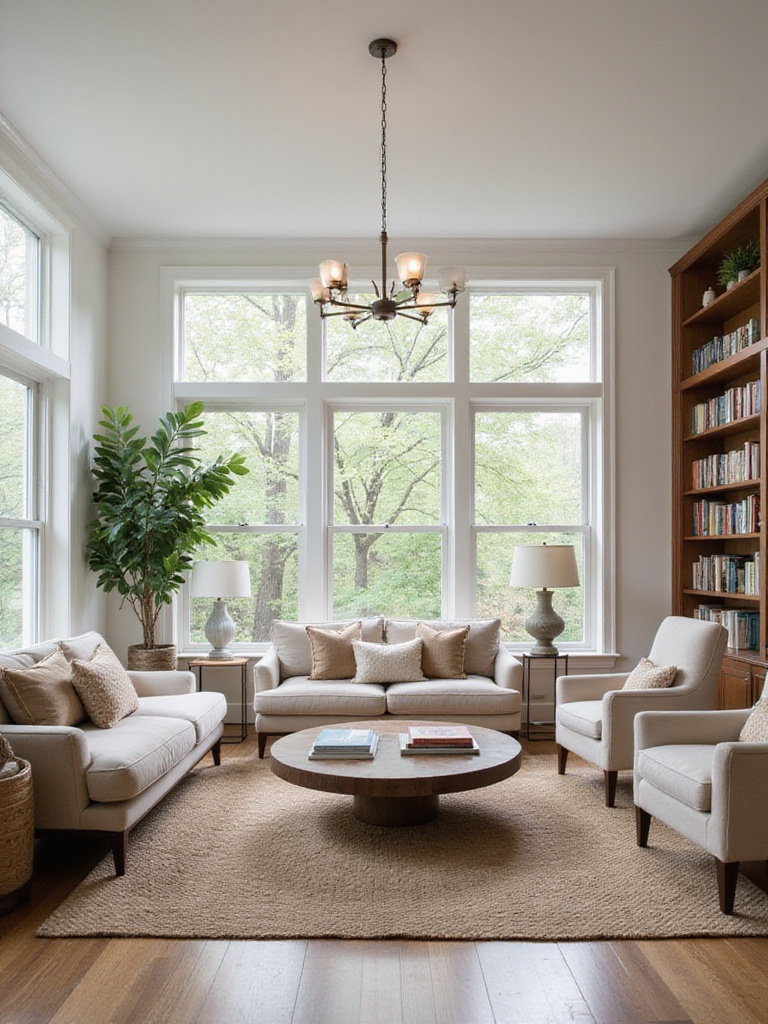 A living room interior demonstrating excellent furniture scale and proportion, featuring a balanced arrangement of sofa, armchairs, coffee table, and rug.