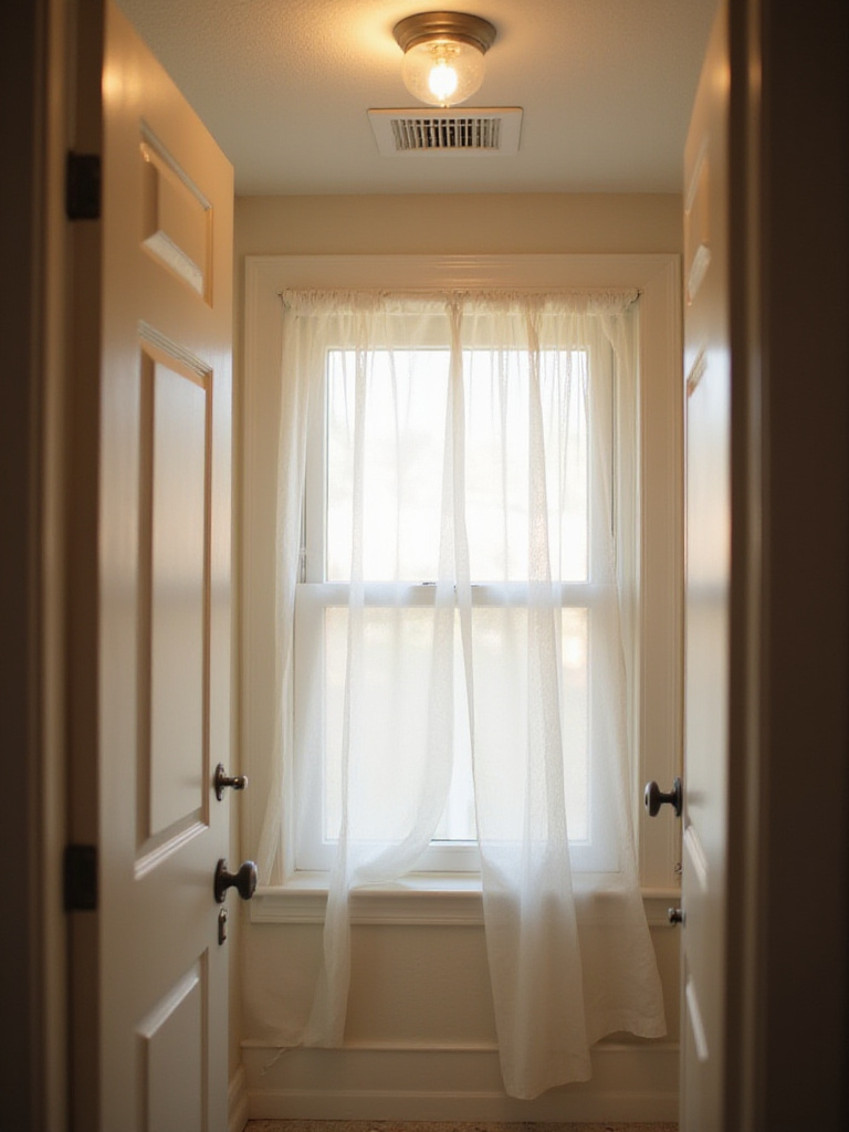 Interior of a small, well-ventilated bathroom showing an open window and an exhaust fan on the ceiling.