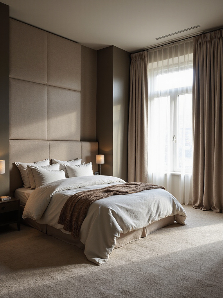 A serene luxury bedroom featuring thick carpeting, heavy drapes, and subtle upholstered walls, illustrating how design elements can enhance soundproofing for a tranquil sanctuary.