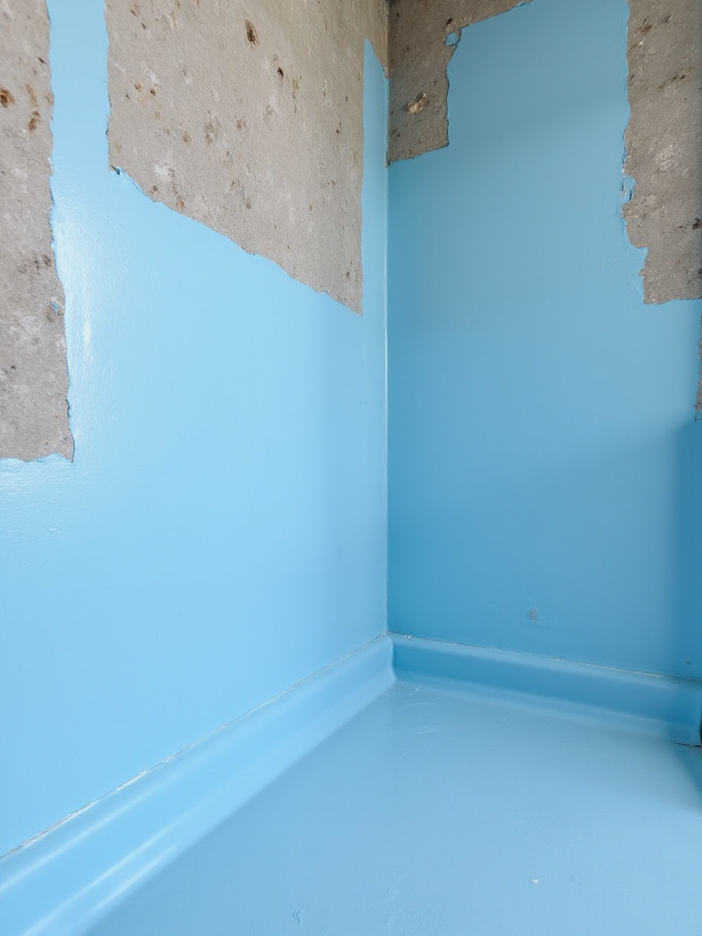 Bathroom walls and floor around a tub area covered in a blue waterproofing membrane during a remodel.
