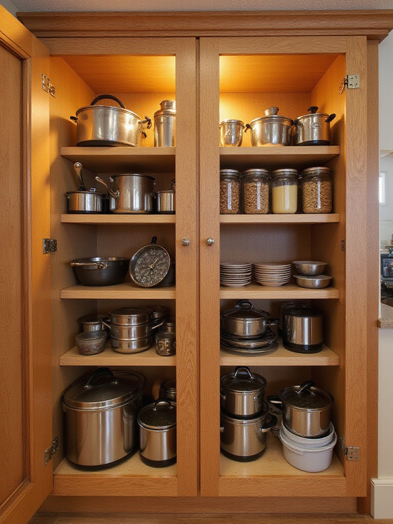 Organized kitchen cabinet with various cabinet organizers installed securely.