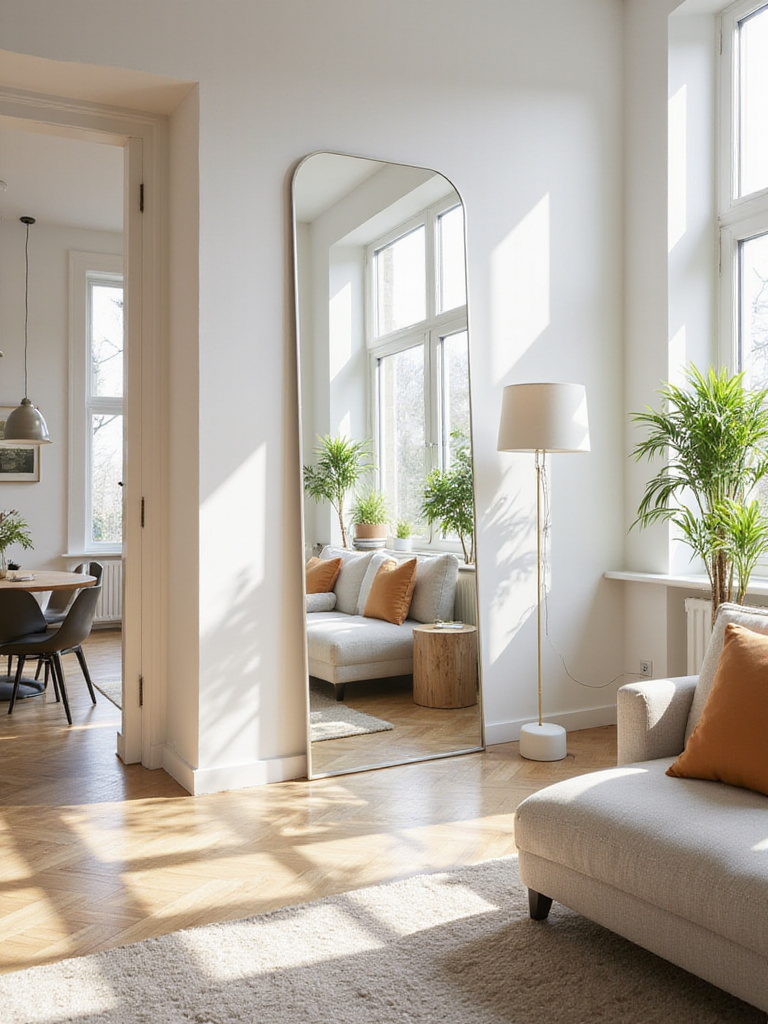 A modern living room with a large mirror reflecting a window and natural light, making the space appear larger and brighter.