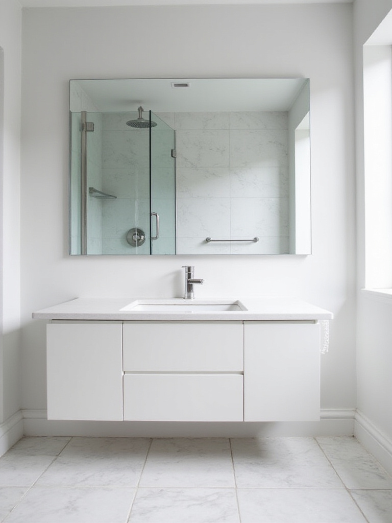 A small modern bathroom with a large, frameless mirror above the vanity, reflecting the shower area and making the room appear significantly larger.