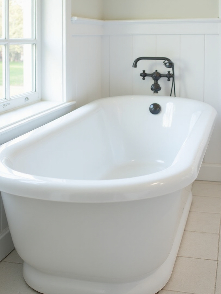 A glossy white porcelain bathtub after professional refinishing, looking brand new in a bright bathroom.