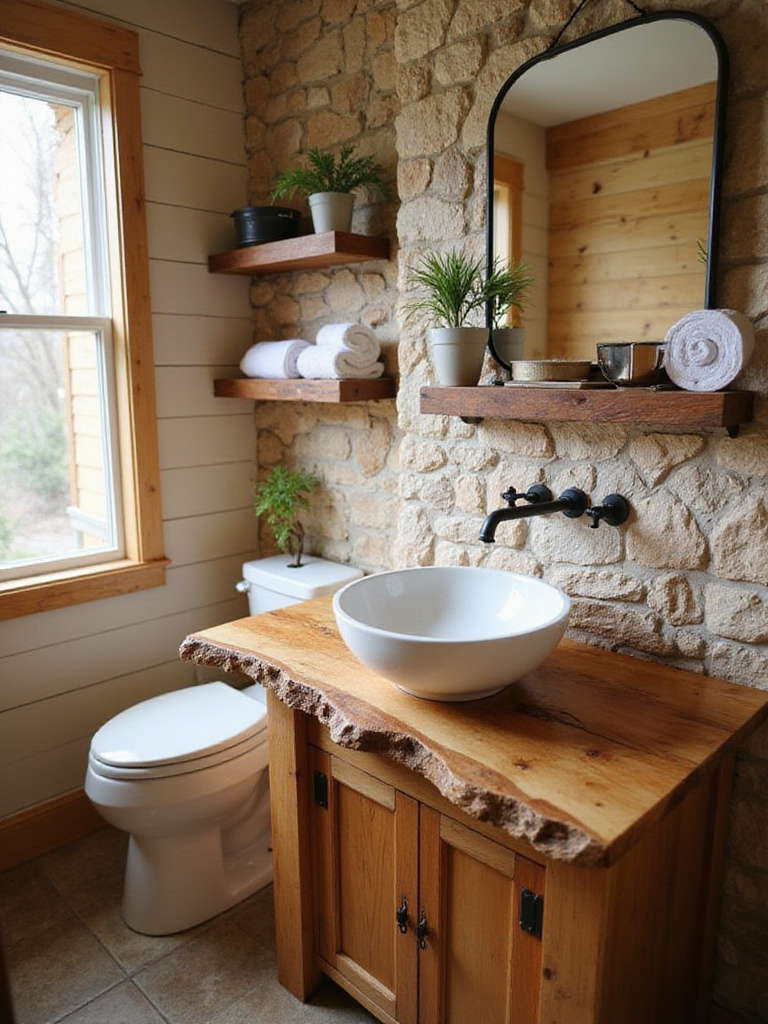 Rustic bathroom featuring a live edge wood vanity countertop with a vessel sink and floating live edge shelves.