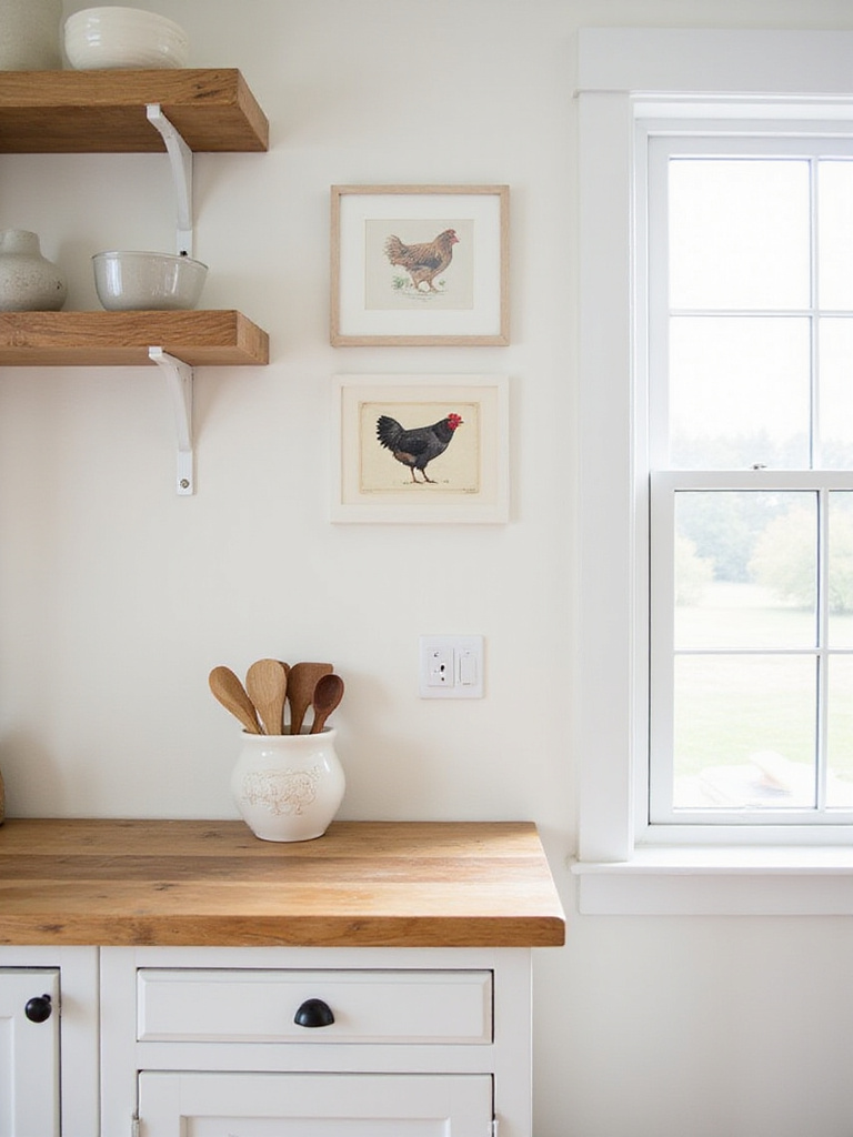 Farmhouse kitchen with subtle farm animal motifs, including a chicken breed chart and pig-shaped utensil holder.