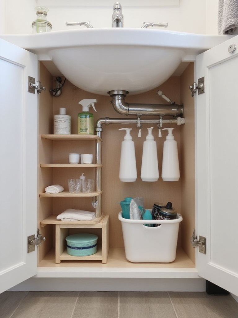 View inside a small bathroom vanity cabinet showing clever under-sink storage solutions like tiered shelves and hanging organizers maximizing space around plumbing.