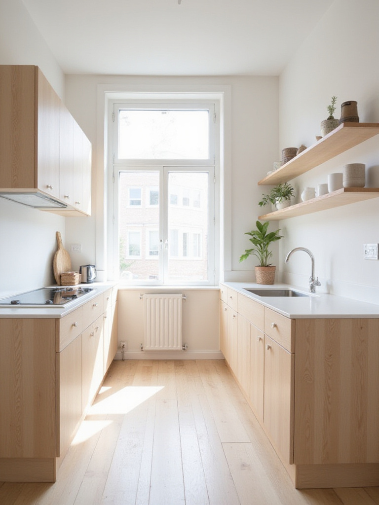 A bright and serene Scandinavian minimalist kitchen featuring light wood cabinets, white countertops, open shelving, and abundant natural light.