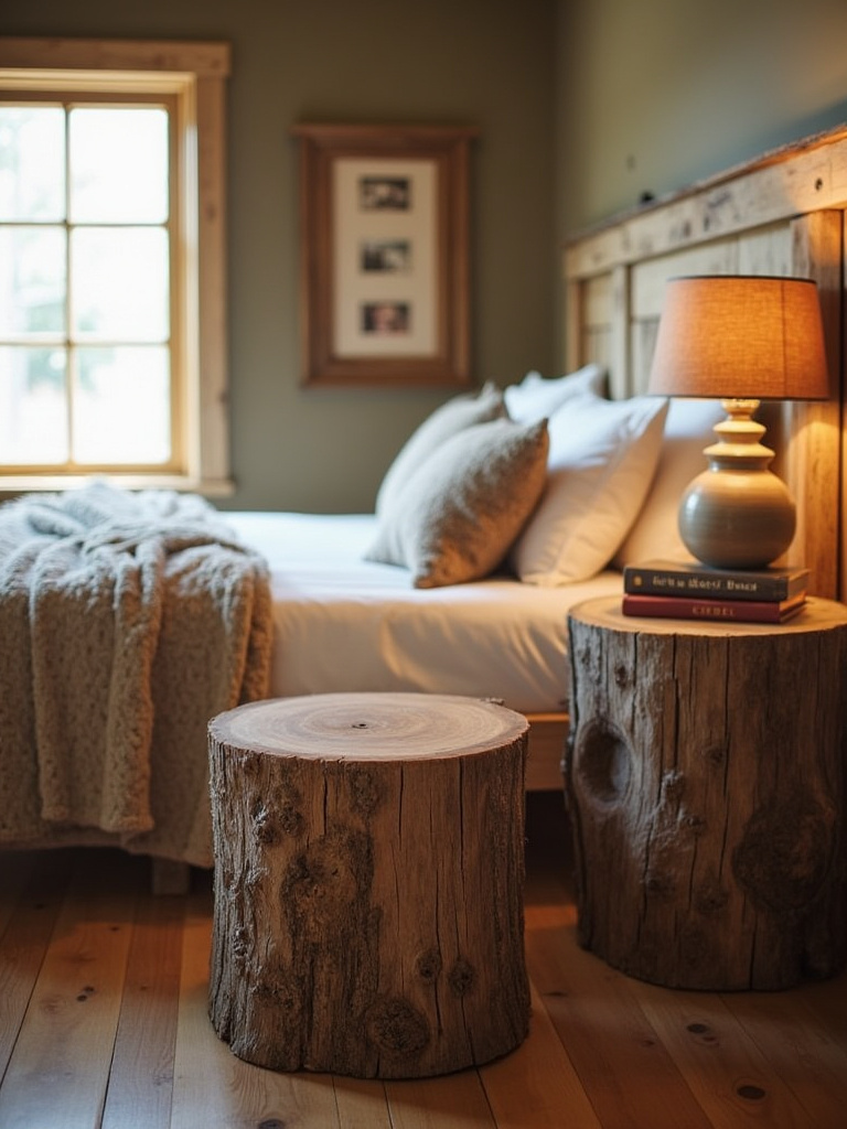 Rustic bedroom with tree stump nightstands and cozy decor