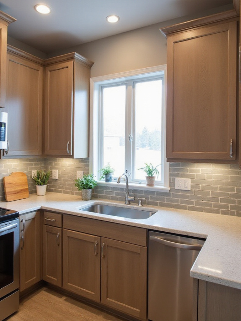Modern kitchen with brown cabinets and light grey subway tile backsplash