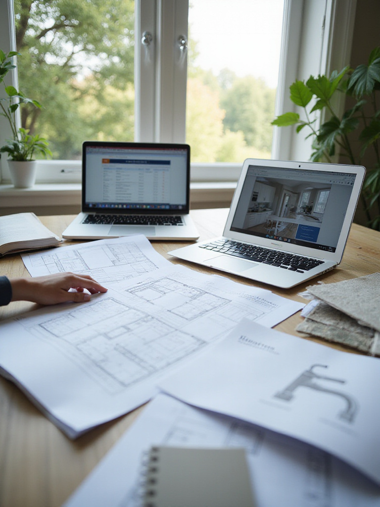 Architectural plans, material samples, and a laptop displaying contractor information on a desk, illustrating the process of researching and selecting a contractor for a home remodel.