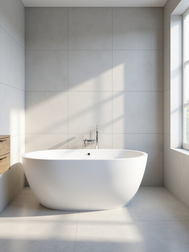 Sleek white freestanding bathtub in a modern minimalist bathroom with light grey tiles and a floating wood vanity, bathed in soft natural light.