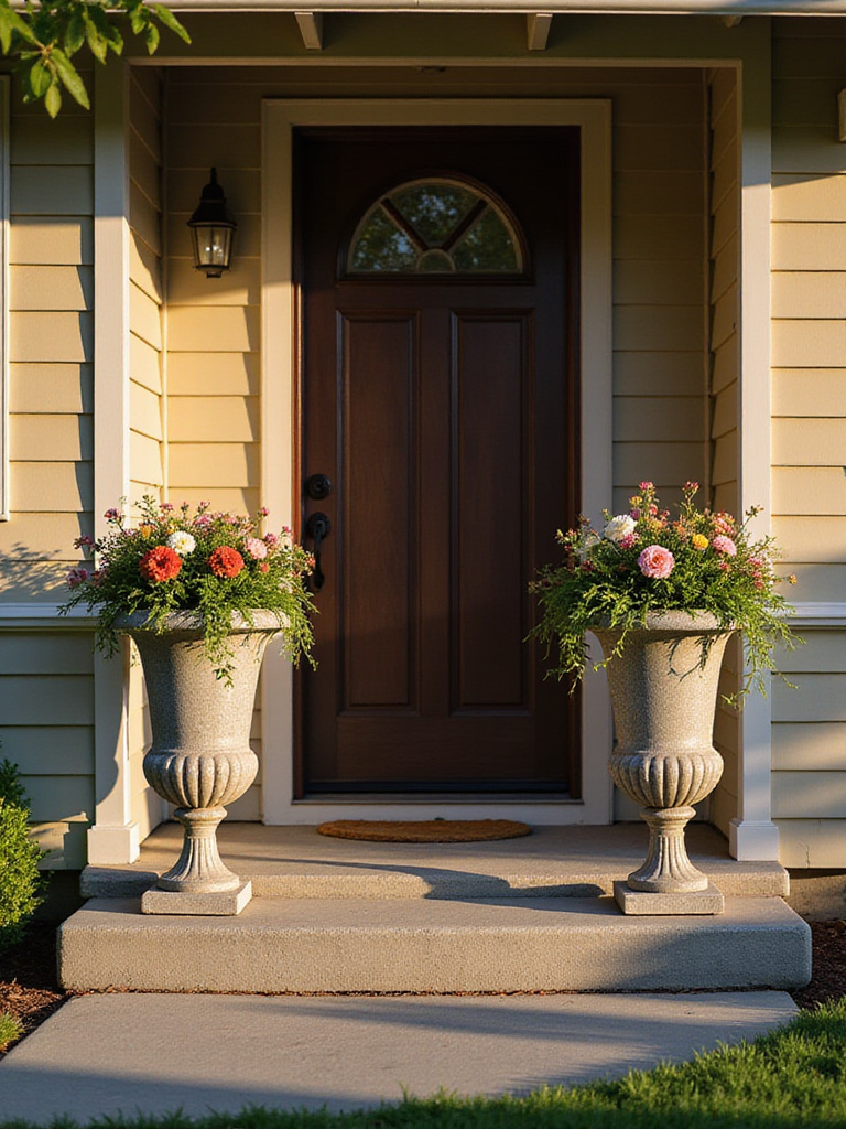 Classic front porch with a dark wooden door flanked by two elegant grey stone urns filled with vibrant flowers.