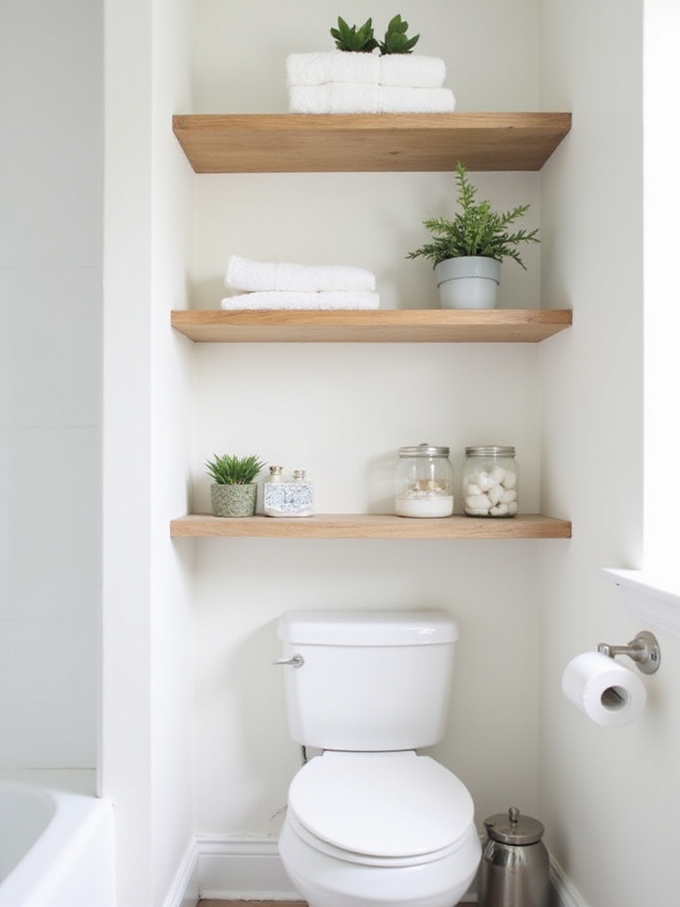 Floating open shelves styled with towels and plants in a small modern bathroom.